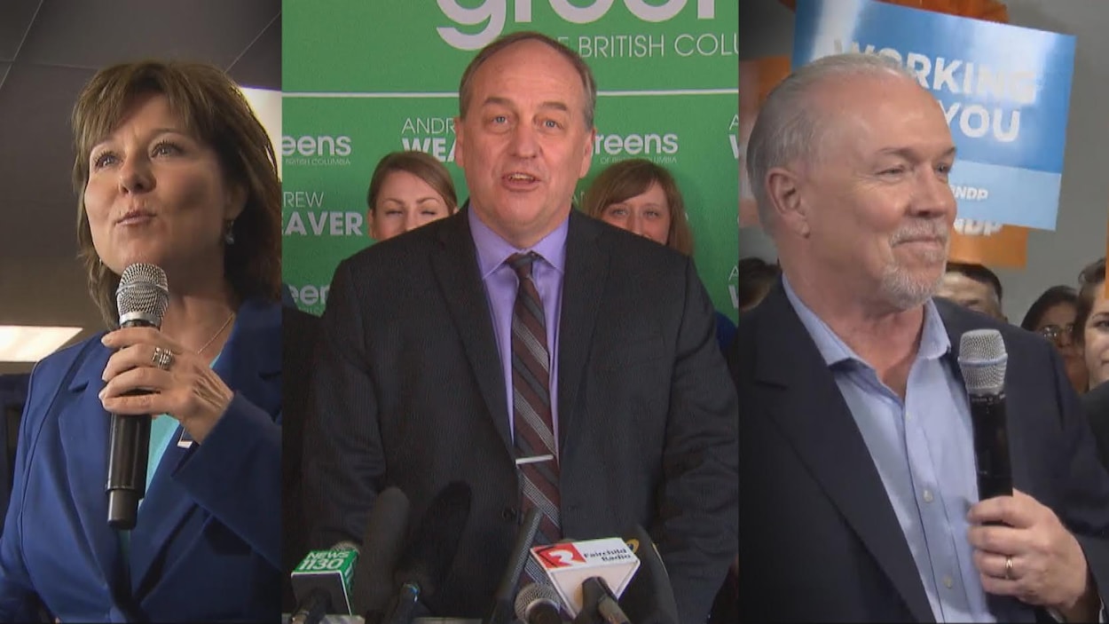 Christy Clark, du Parti libéral, Andrew Weaver, du Parti vert et John Horgan, du NPD.
