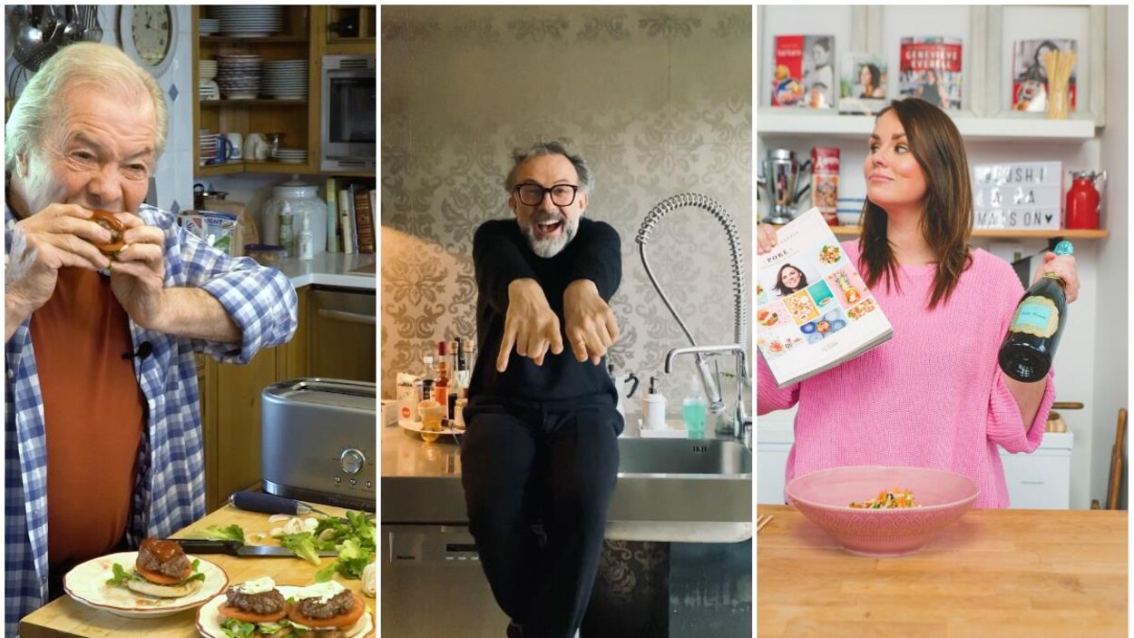 Les chefs Jacques Pépin, Massimo Bottura et Geneviève Everell sont montrés dans ce collage de photos.