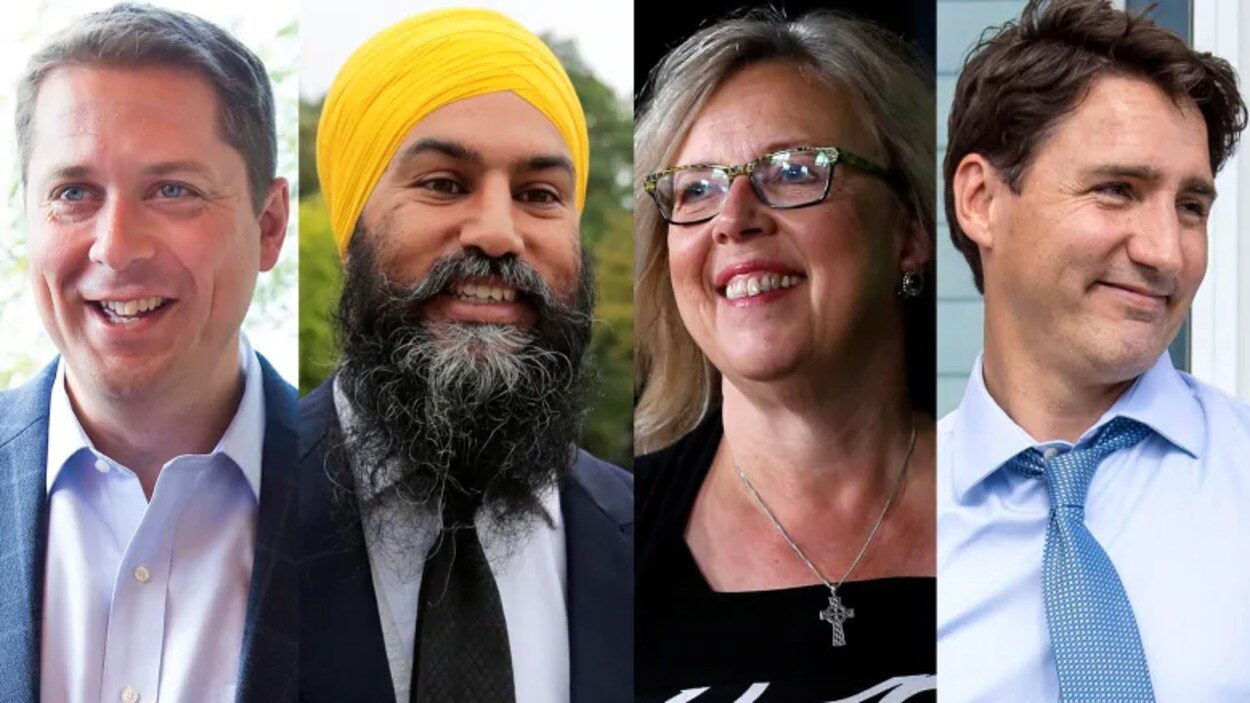 De gauche à droite, les visages d'Andrew Sheer, Jagmeet Singh, Elizabeth May et Justin Trudeau.