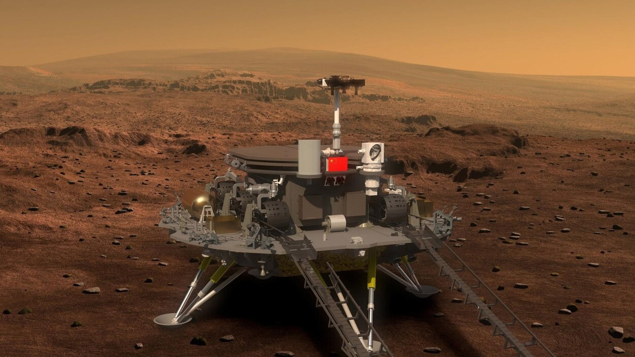 Représentation artistique de la sonde Tianwen-1 à la surface de la planète Mars.
