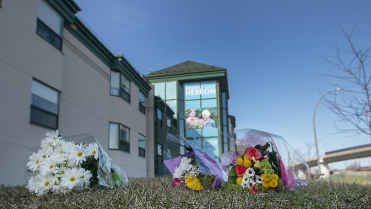 Trois bouquets de fleurs déposés sur l'herbe devant un CHSLD.