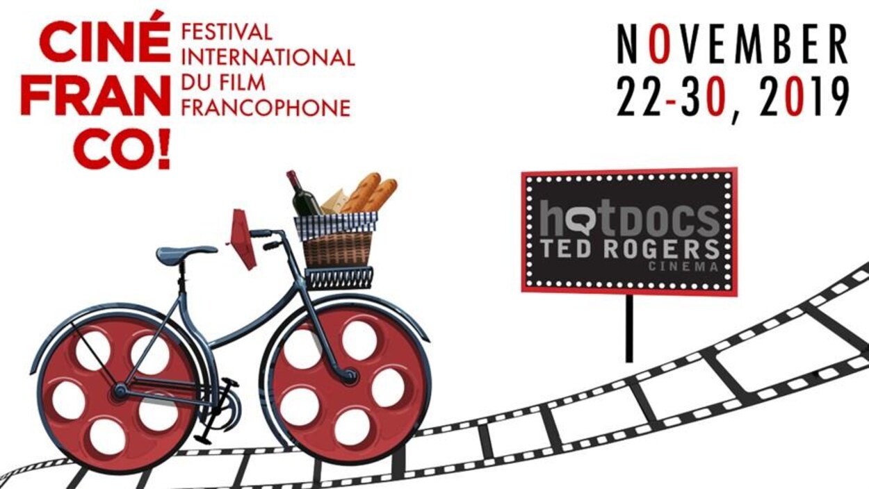 Affiche pour le Festival Cinéfranco 2019 représentant une bicyclette transportant des baguettes de pain et une bouteille de vin dans son porte-bagage.