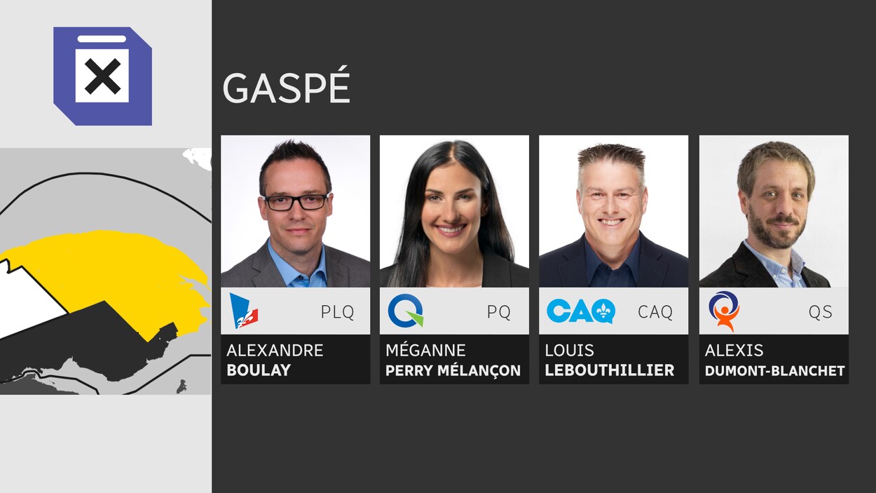 Montage photo d'Alexandre Boulay pour le Parti libéral, Méganne Perry-Mélançon pour le Parti québécois, Louis LeBouthillier pour la Coalition Avenir Québec et Alexis Dumont-Blanchet pour Québec Solidaire.