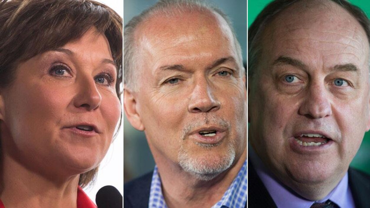Photos de Christy Clark (Parti libéral), John Horgan (NPD) et Andrew Weaver (Parti vert). Photos de Christy Clark (Parti libéral), John Horgan (NPD) et Andrew Weaver (Parti vert).