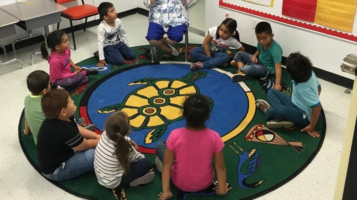 Les enfants sont assis en cercle sur un tapis aux couleurs et aux symboles amérindiens.