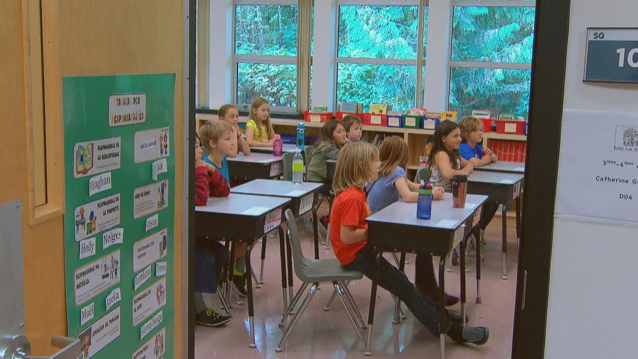 Des écoliers assis à leur pupitre dans une classe.