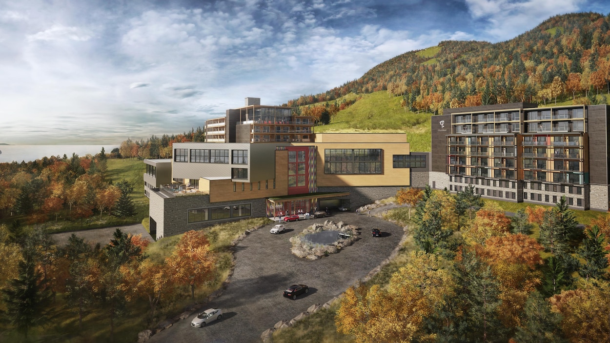 Esquisse du projet de Club Med Québec Charlevoix. Bâtiments au pied de la montagne à l'automne.