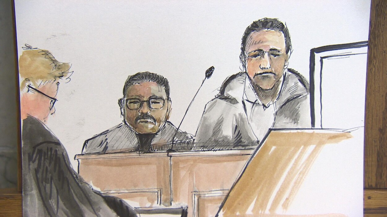 Un dessin d'un homme qui répond à des questions en cour.