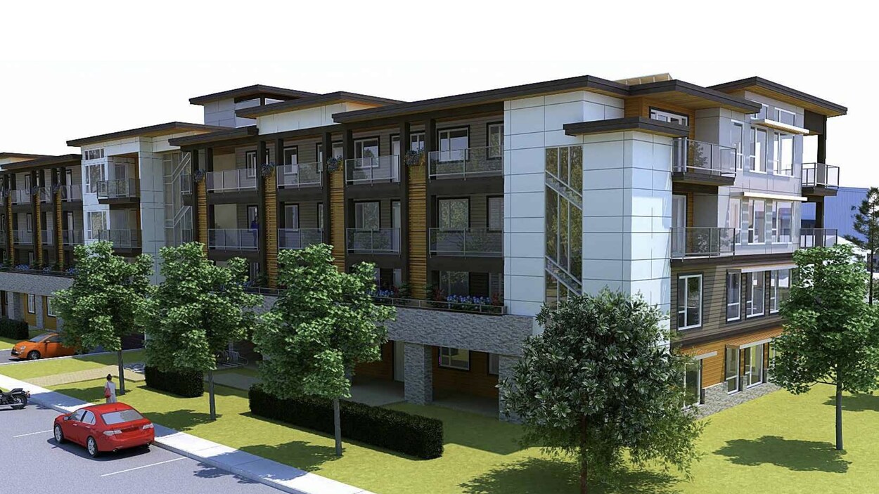 Vue virtuelle d'un immeuble d'habitation de quatre étages bordé d'arbres et de places de stationnement.