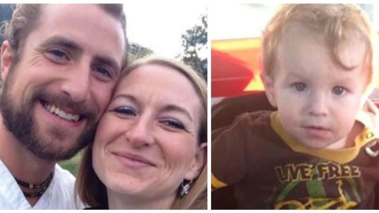 Un collage de deux photos. À gauche, une photo des parents souriants. À droite, une photo du garçonnet blond.
