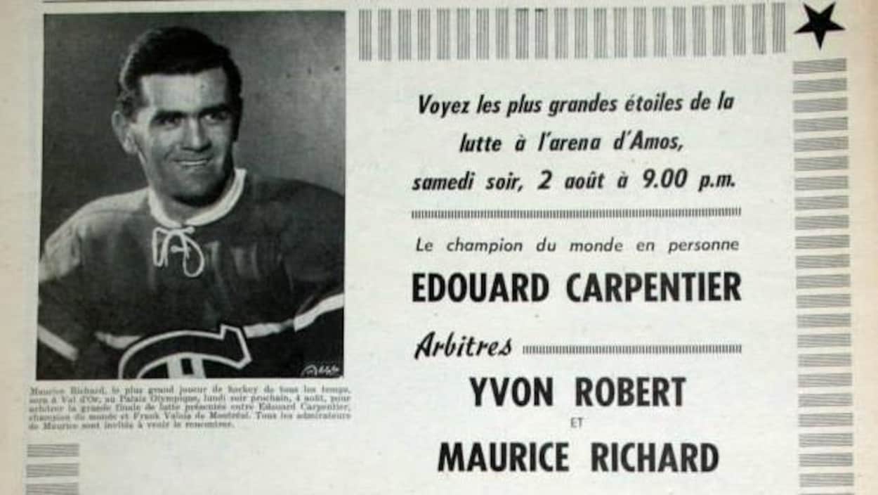 Affiche annonçant le gala de lutte avec Maurice Richard comme arbitre