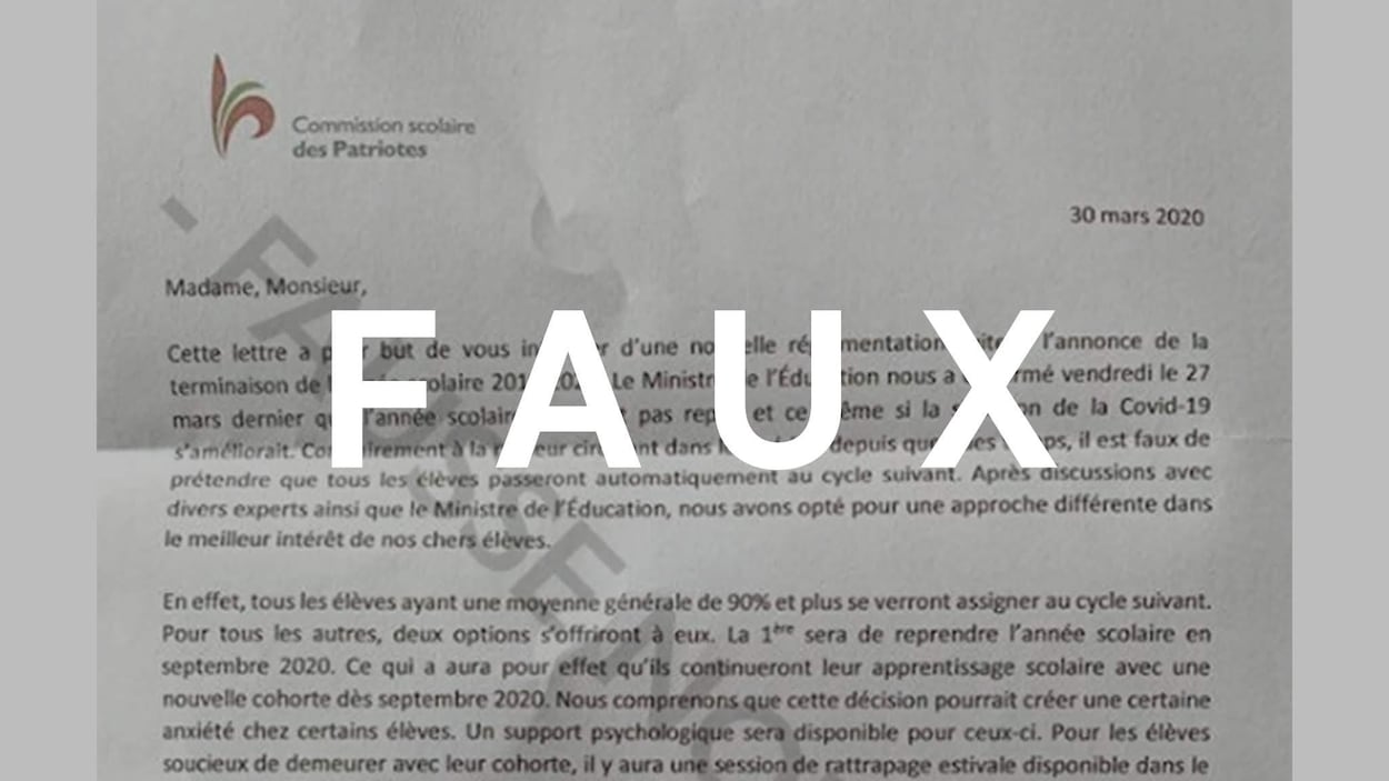 Capture d'écran d'une lettre faussement attribuée à la Commission scolaire des Patriotes laissant entendre, à tort, que l'année scolaire en cours est annulée.