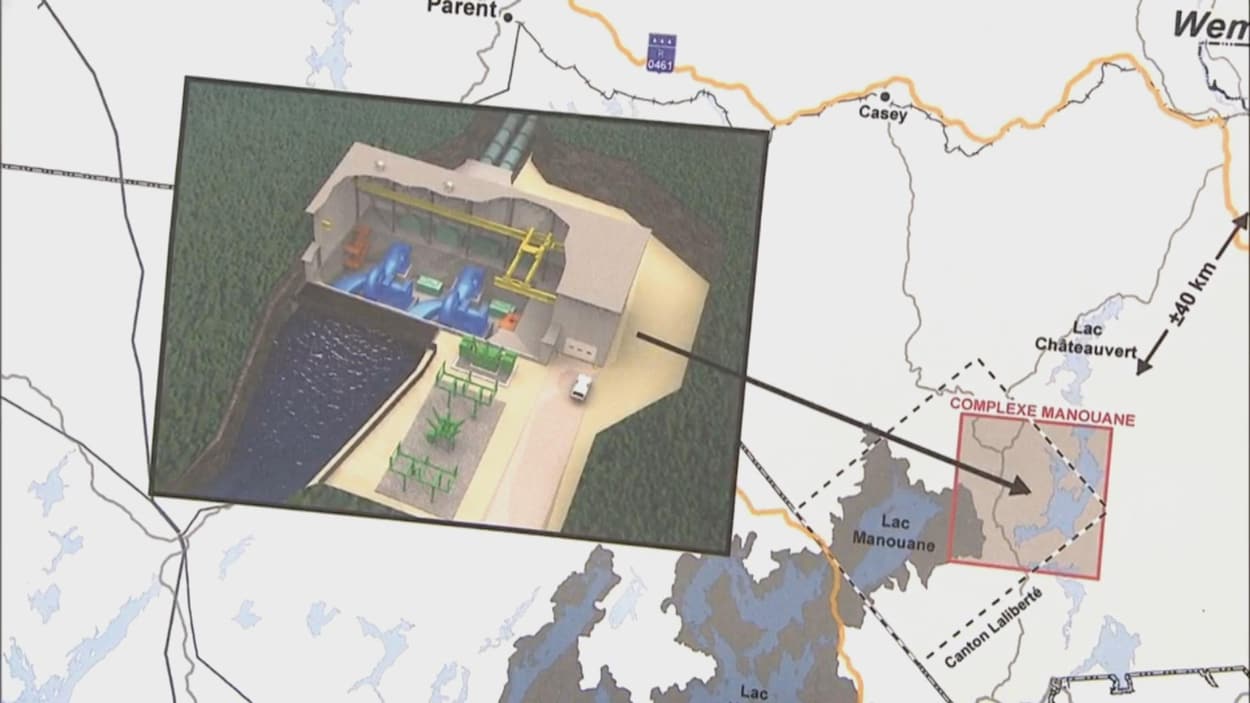 Schéma et carte de la minicentrale envisagée sur la rivière Manouane, en Haute-Mauricie