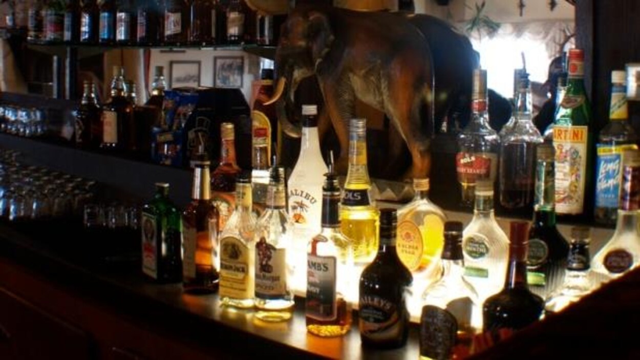Le comptoir du bar avec ses bouteilles d'alcool à l'Hôtel Eagle Plains au Yukon Le comptoir du bar avec ses bouteilles d'alcool à l'Hôtel Eagle Plains au Yukon