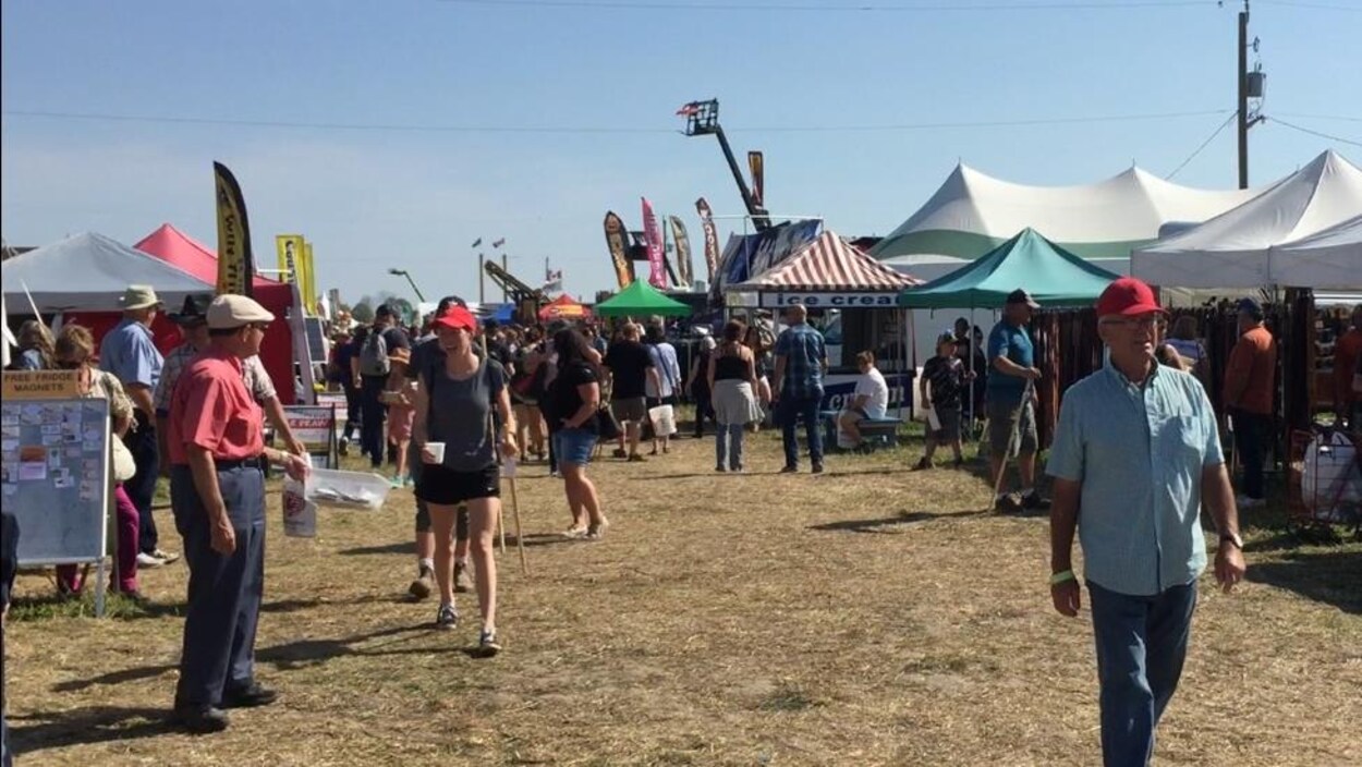 Des gens marchent sur un champs avec beaucoup de chapiteaux.