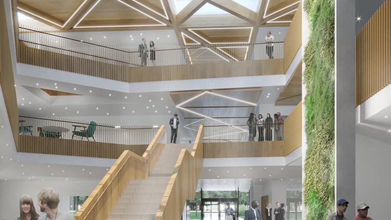 Image de synthèse montant l'intérieur spacieux et lumineux d'un bâtiment. Le bois est très présent, un mur végétalisé est présent sur la droite.