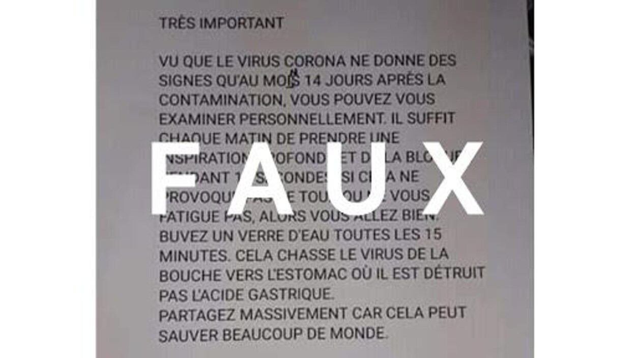 Une feuille où sont écrits des conseils sur le coronavirus. Le mot FAUX est écrit sur la publication.