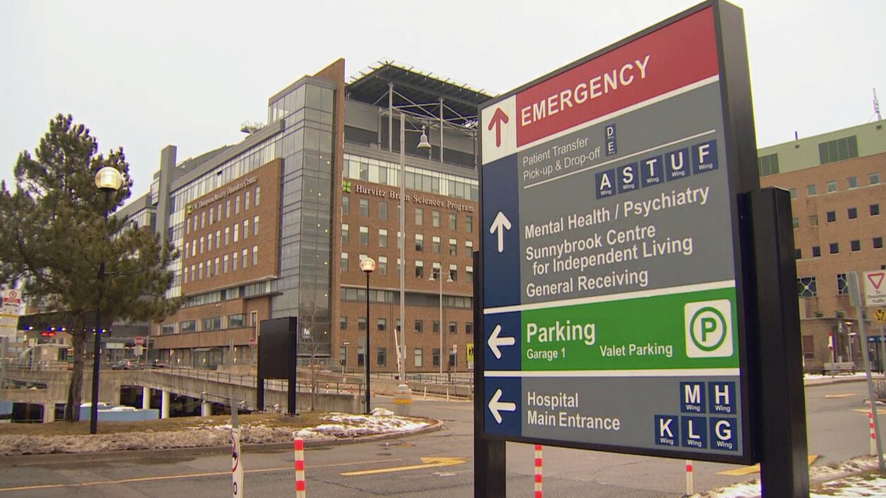 Enseigne à l'entrée de l'Hôpital Sunnybrook indiquant où sont situés les différents services de l'établissement.