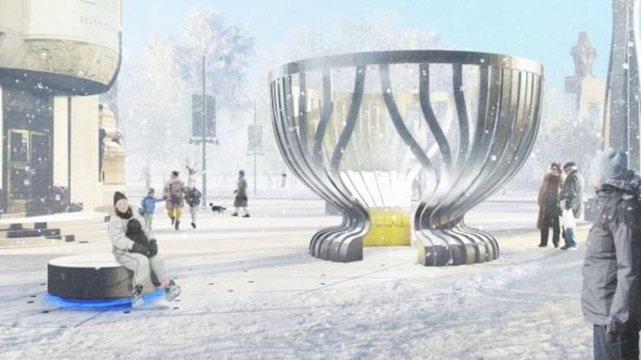 Une esquisse du futur monument de la Coupe Stanley. Une esquisse du futur monument de la Coupe Stanley.