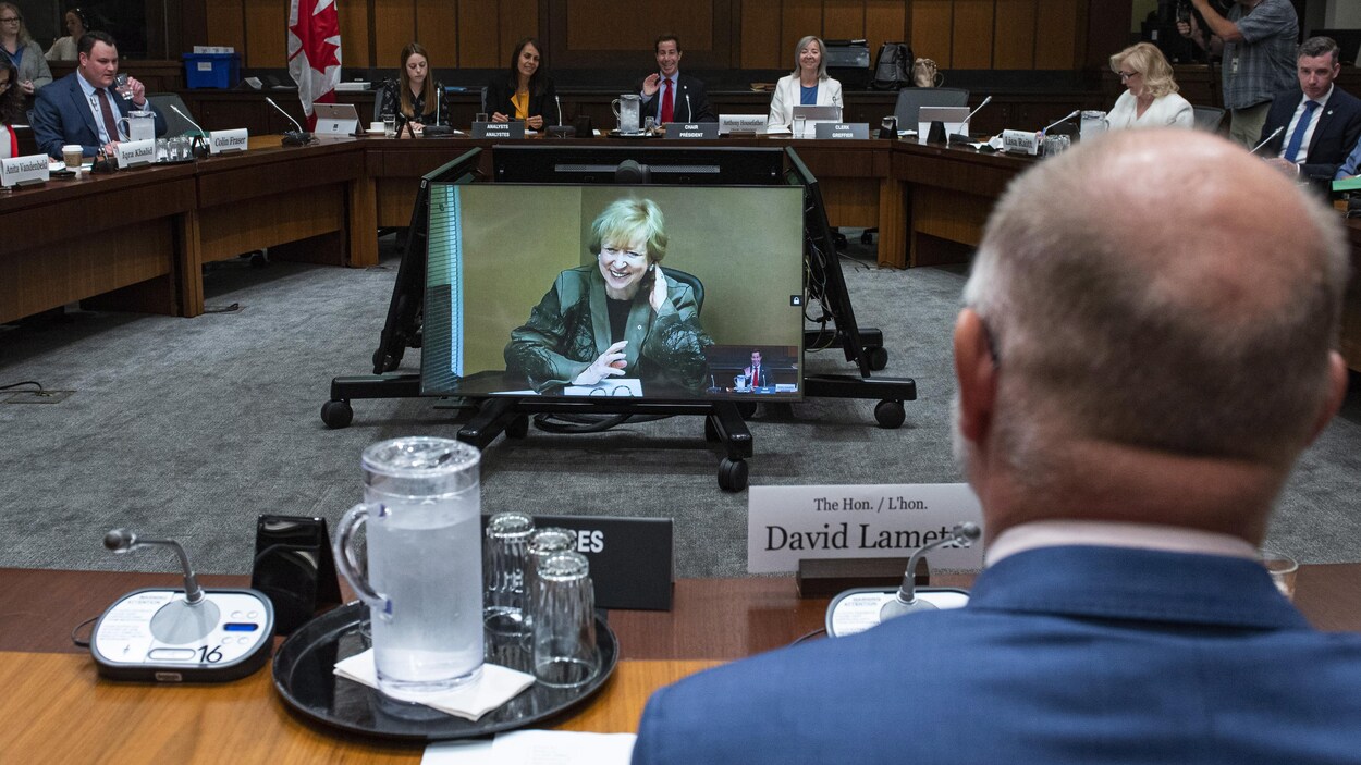 Kim Campbell s'exprimant par vidéoconférence face à David Lametti, vu de dos.