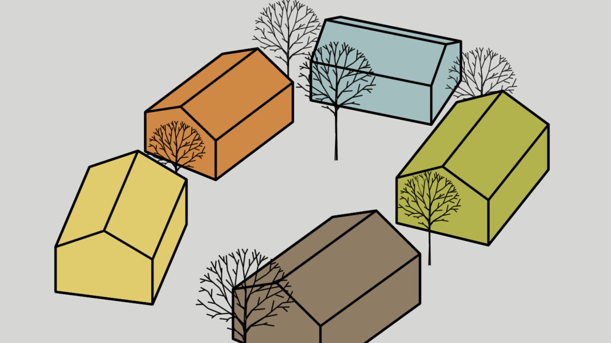Des maisons sont dessinées entourées d'arbre.