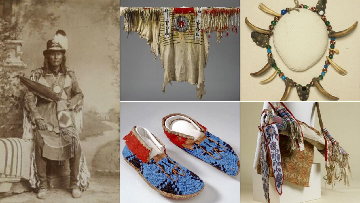 Un collage de photo avec : un collier autochtone, un étui d'arc, des mocassins, une chemise en daim et le chef Pied-de-Corbeau qui pose en tenue de cérémonie.