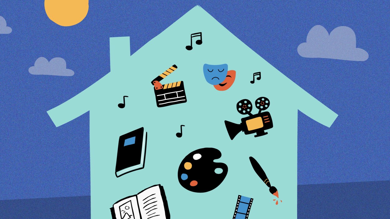 Illustration d'une silhouette de maison dans laquelle se trouve des livres, des notes de musique, une palette et un pinceau de peinture, une caméra, une pellicule de film et des masques de théâtre.