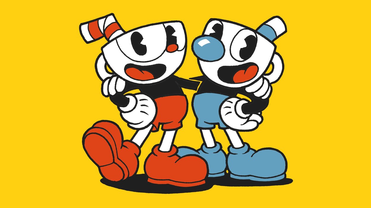 Deux petits personnages dessinés dans un style rappelant Mickey Mouse, avec une tasse à la place de la tête, sur fond jaune. Deux petits personnages dessinés dans un style rappelant Mickey Mouse, avec une tasse à la place de la tête, sur fond jaune.