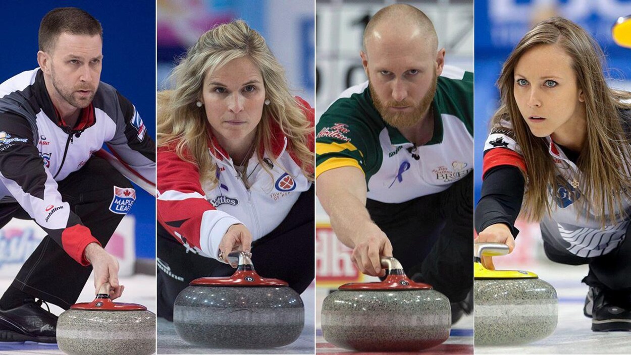 Montage photo montrant côte à côte quatre joueurs de curling. Montage photo montrant côte à côte quatre joueurs de curling.
