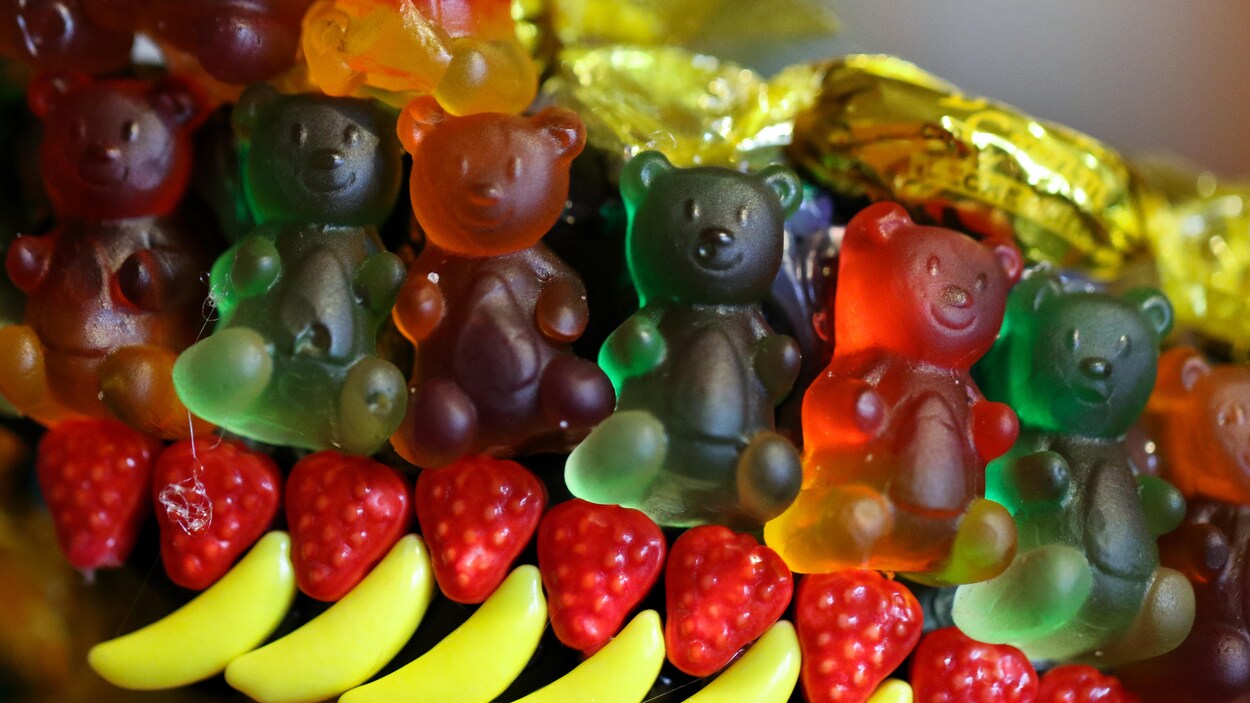 Plan serré de bonbons colorés dont certains ont la forme d'oursons.