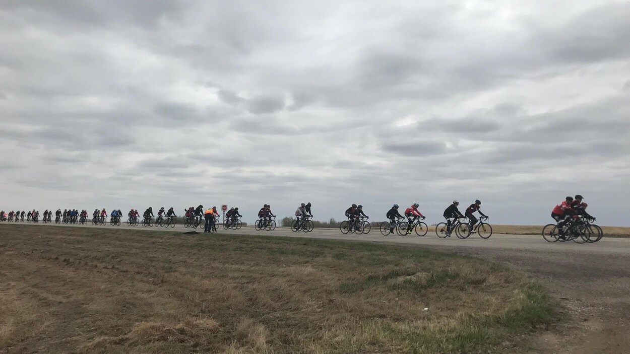 La photo est prise dans un champ, au loin on voit la longue file de vélo qui se suivent dans les prairies.