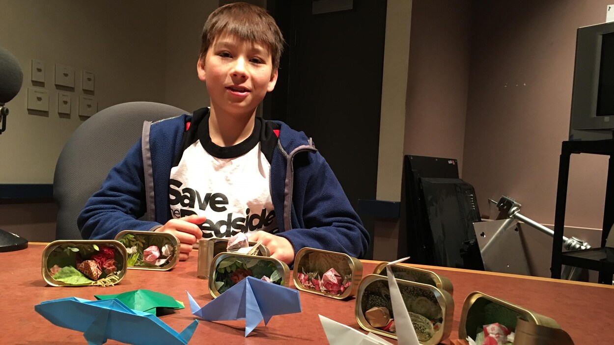 The young Daniel Ranger and folds of origamis placed on a table in front of him