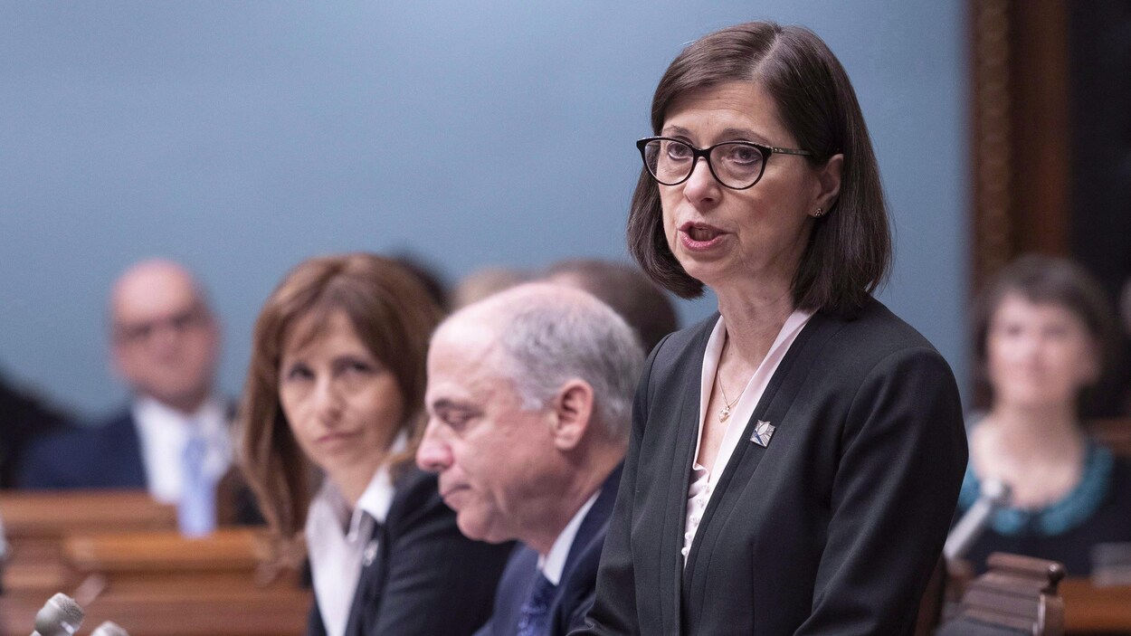 La ministre McCann répond à une question à l'Assemblée nationale.