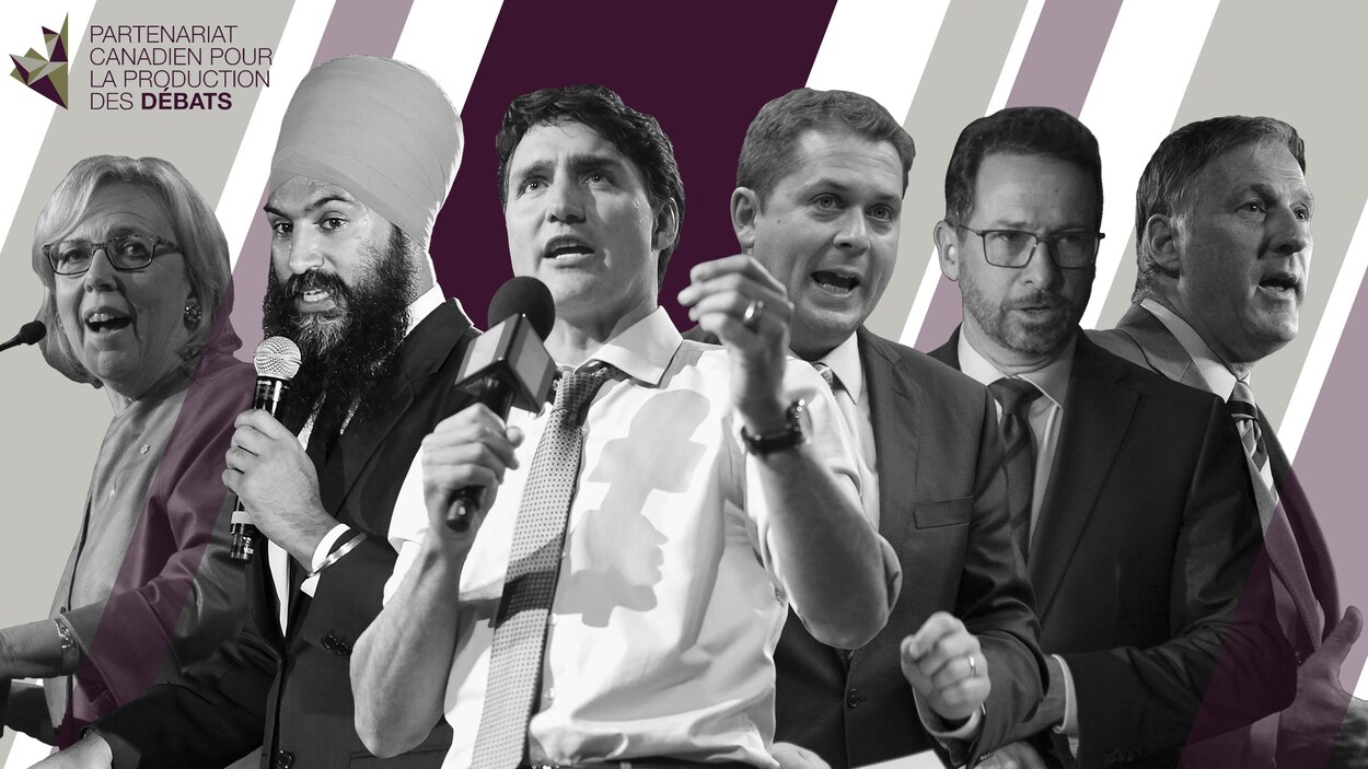 Image montrant Elizabeth May, Jagmeet Singh, Justin Trudeau, Andrew Scheer, Yves-François Blanchet et Maxime Bernier.