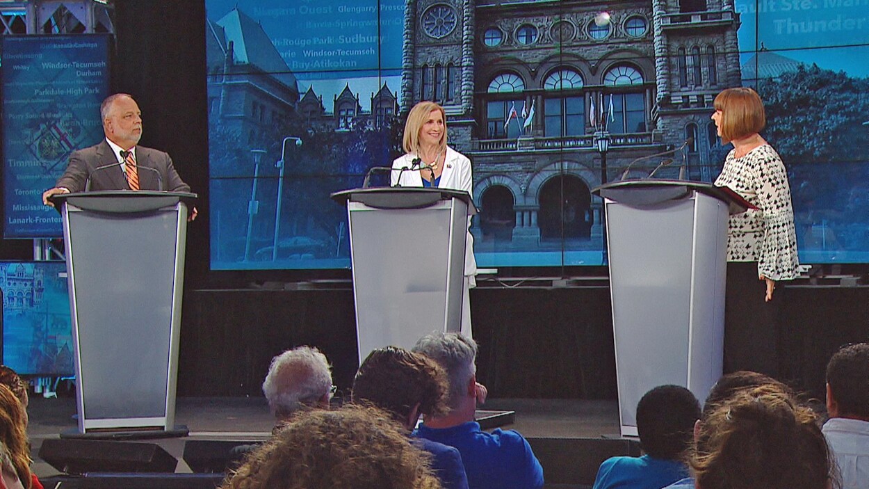 Photo d'un homme et de deux femmes derrière un lutrin sur une scène pour un débat, une photo de Queen's Park en arrière-plan