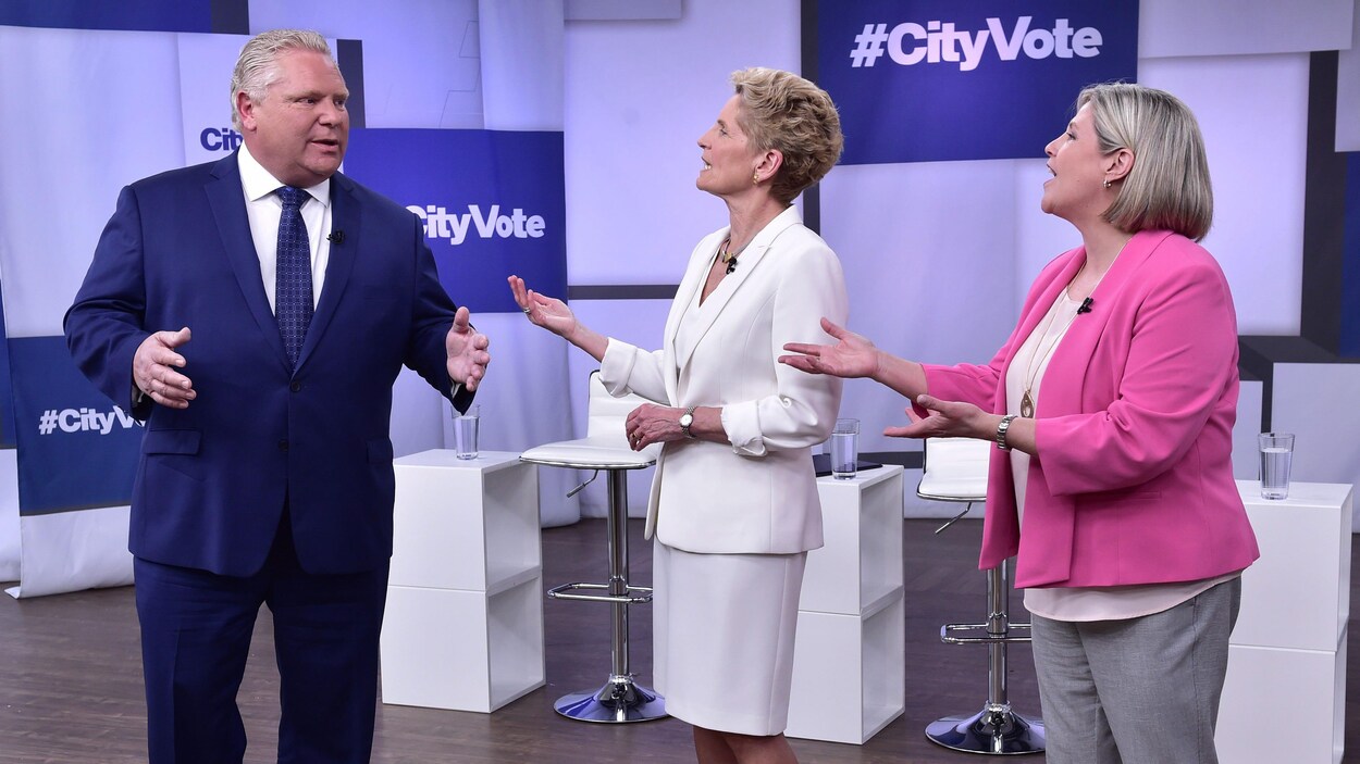 Doug Ford, Kathleen Wynne et Andrea Horwath lors du débat Doug Ford, Kathleen Wynne et Andrea Horwath lors du débat