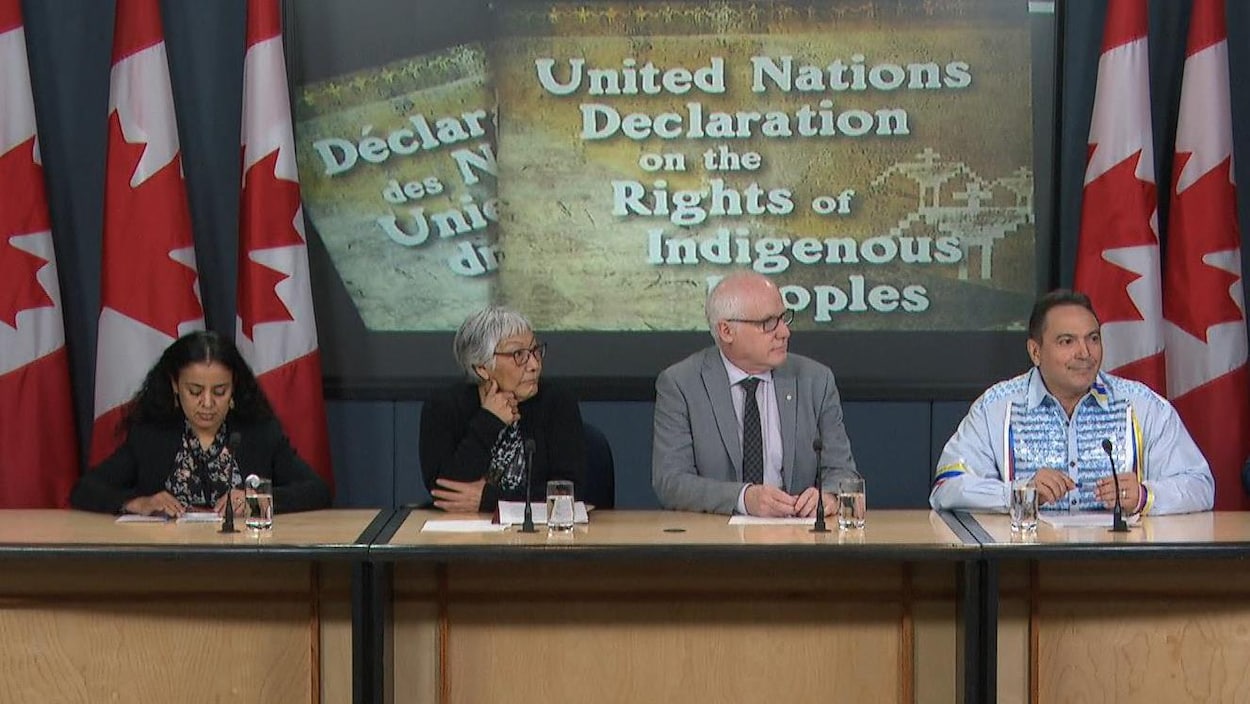 Quatre défenseurs des droits autochtones sont assis, de face, dans une salle de conférence. Devant eux, un bureau. En arrière plan, des drapeaux canadiens et un écran sur lequel est projeté la Déclaration des Nations unies sur les droits des peuples autochtones.