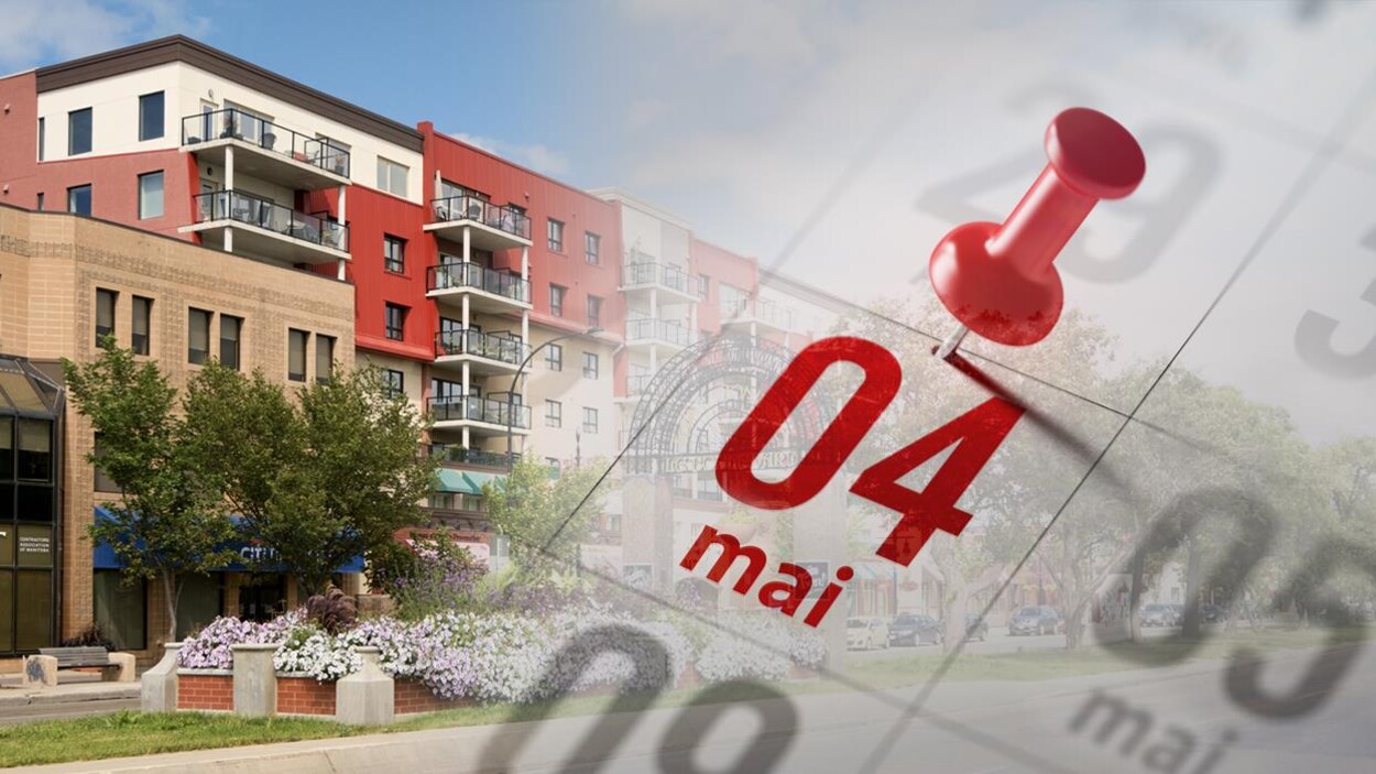 Un montage montre la date du 4 mai sur un calendrier avec des bâtiments en arrière-plan