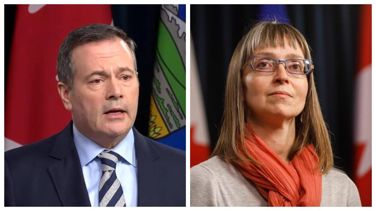 L'image est scindée en deux. À gauche, Jason Kenney et à droite, la médecin hygiéniste en chef, Deena Hinshaw. Le premier parle. La deuxième regarde au loin.