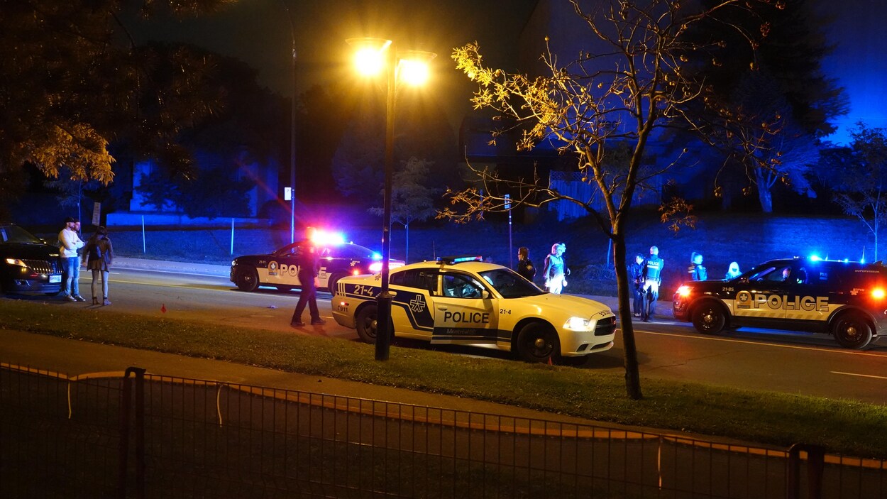 Des auto-patrouilles et des policiers sur une route.