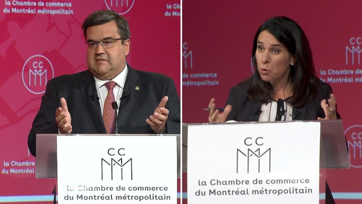 Denis Coderre et Valérie Plante à leurs podiums respectifs lors du débat organisé par la Chambre de commerce du Montréal métropolitain au Centre Sheraton, à Montréal.