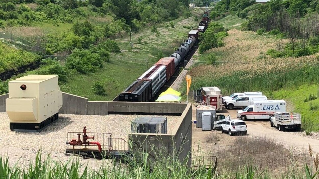 Vue du haut d'un train sur une voie ferrée. Des ambulances sont stationnées sur le côté.