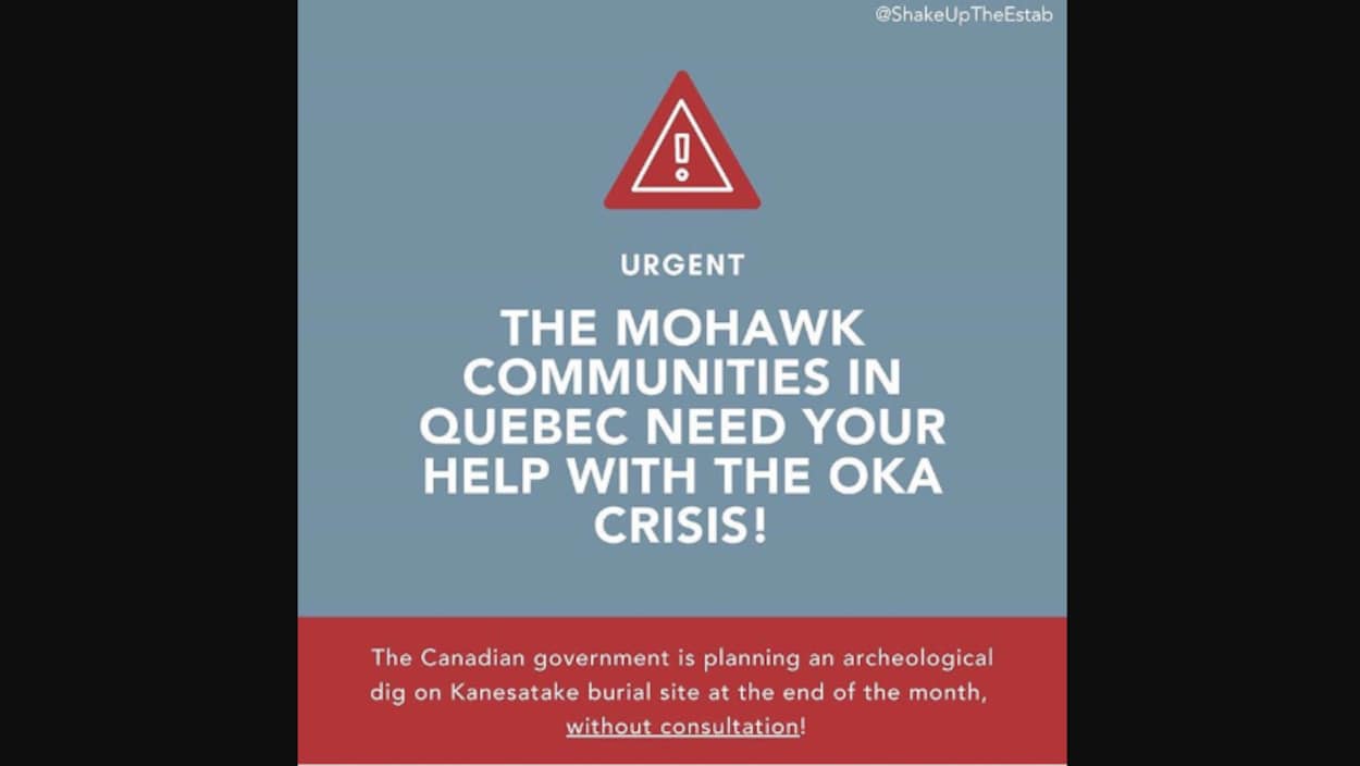Publication dont le mouvement Shake Up The Establishment fait notamment la promotion, laissant croire de façon erronée qu'Ottawa veut imposer un projet sur un lieu d'enterrement lié à la crise d'Oka.