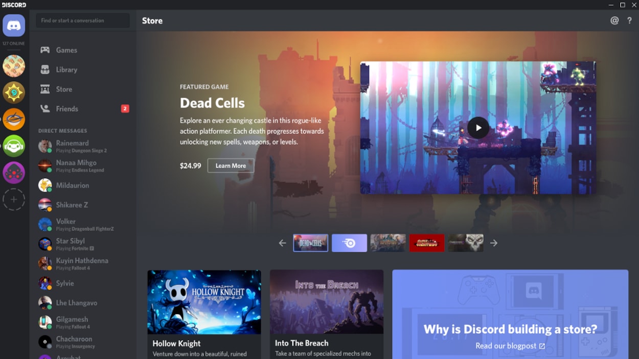 Une capture d'écran montrant la boutique en ligne de Discord, avec les jeux Dead Cells, Hollow Knight, Into The Breach, Frost Punk, Pillars of Eternity II: Deadfire et Banner Saga 3 mis en évidence. Une capture d'écran montrant la boutique en ligne de Discord, avec les jeux Dead Cells, Hollow Knight, Into The Breach, Frost Punk, Pillars of Eternity II: Deadfire et Banner Saga 3 mis en évidence.