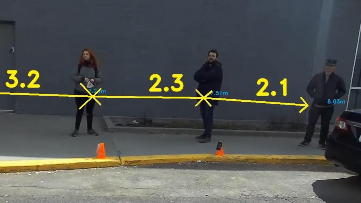 Des gens attendent en file et des lignes indiquent la distance entre elles. C'est ce qu'affiche Dista.