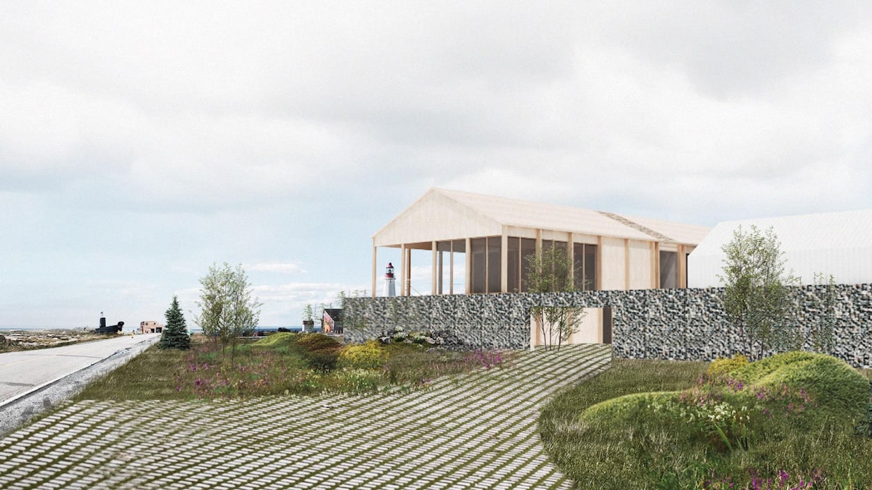 Esquisse d'un bâtiment en bois avec des éléments de verdure tout près.