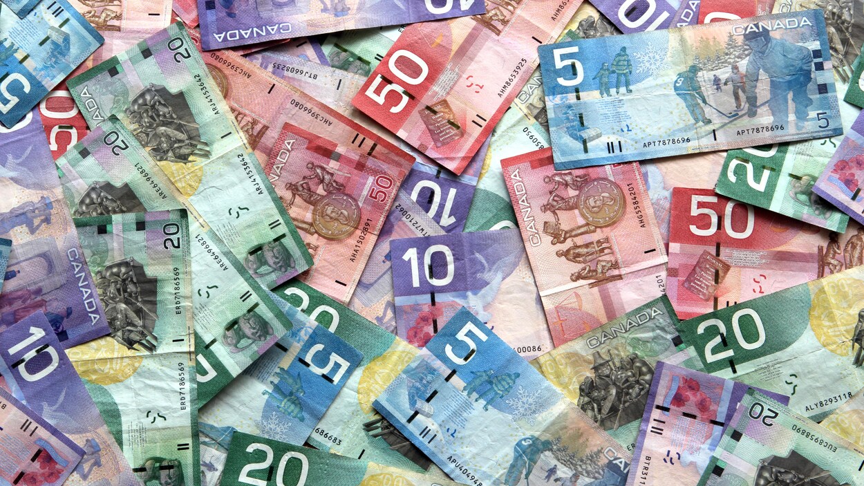 Des dollars canadiens de valeurs variées en tas.
