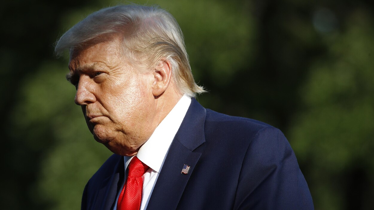 Donald Trump vu de profil devant des arbres.