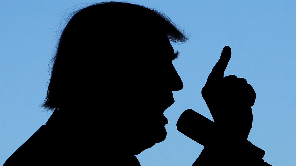 Silhouette obscurcie de Donald Trump levant le doigt et parlant dans un micro.