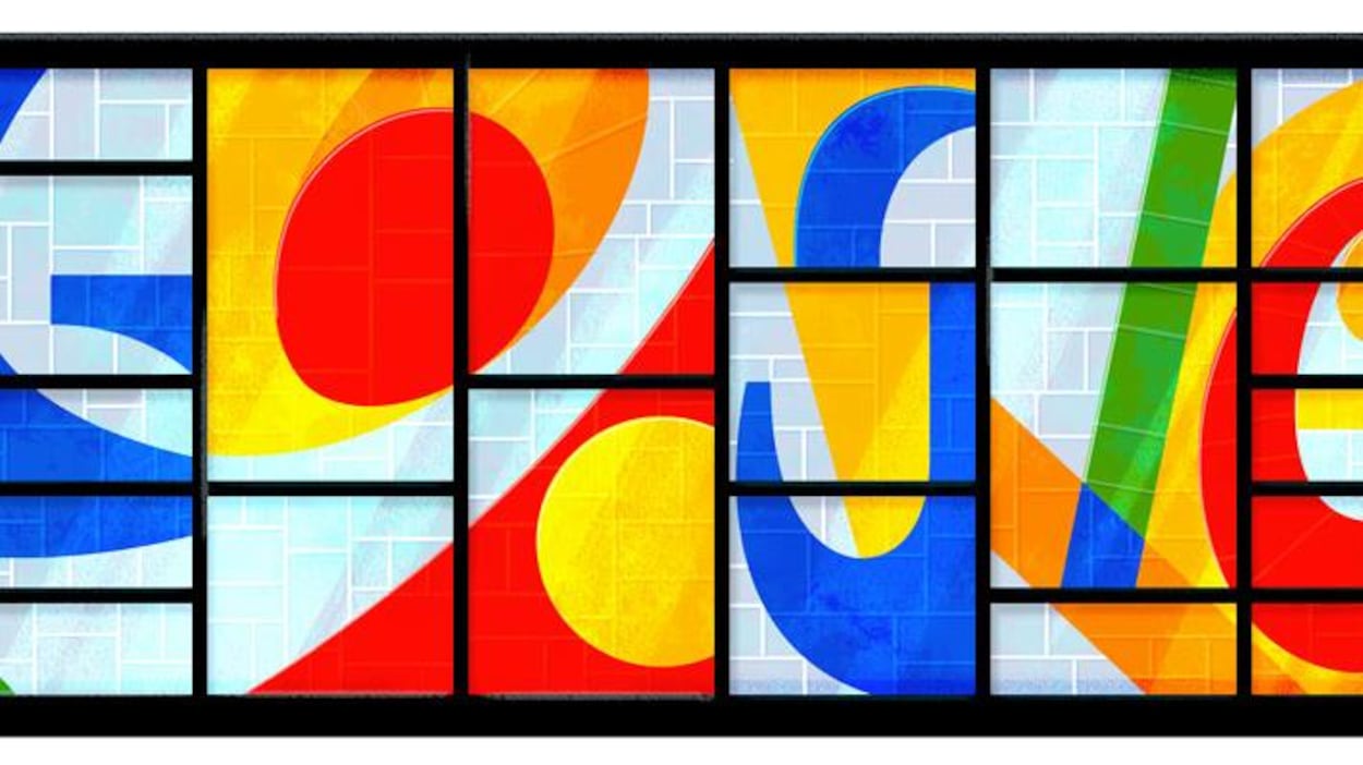 Les lettres du mot Google sont visibles dans un dessin qui ressemble à une verrière de l'artiste Marcelle Ferron.